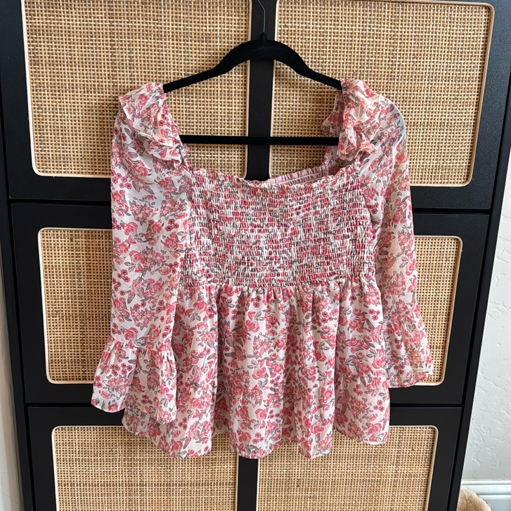 Smocked floral ruffle blouse